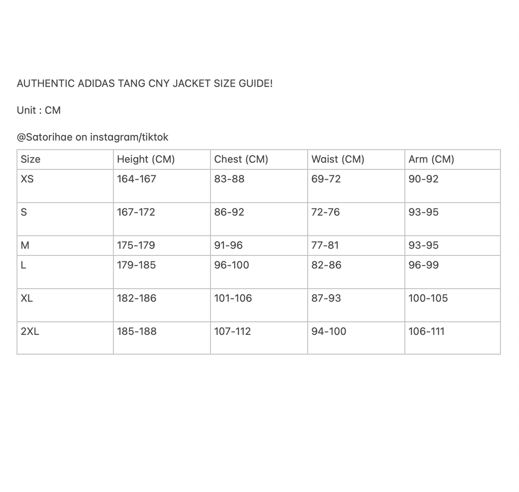 Size guide for Adidas Tang CNY jacket with measurements in centimeters.