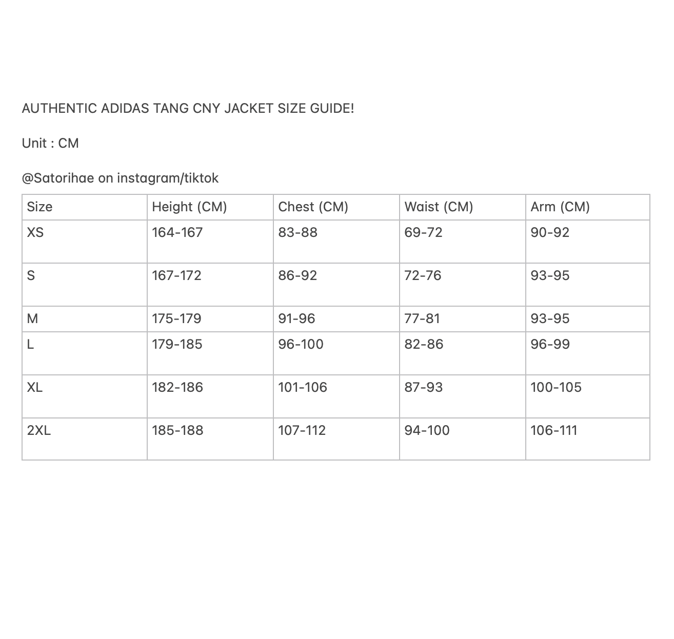 Size guide for Adidas Tang CNY jacket with measurements in centimeters.